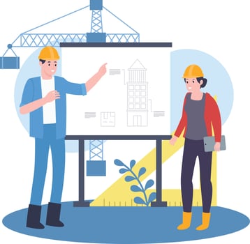 Two architects workers are discussing about the development progress vector