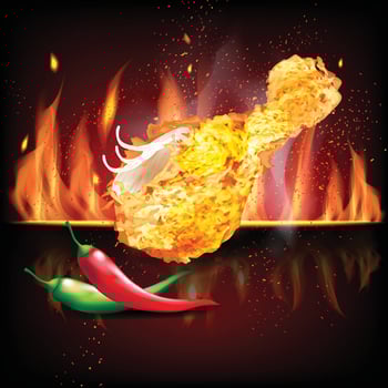 Chicken parts fried with red and green chilly on red black fire 3d realistic vector illustration