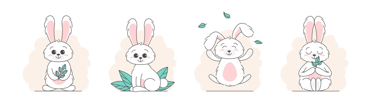 Set of Cute bunnys, baby and children concept. Happy easter rabbits different poses cartoon characters. Card with Cute bunny. Bunny with floral leafs. Design for baby, kids poster, card, invitaton. vector