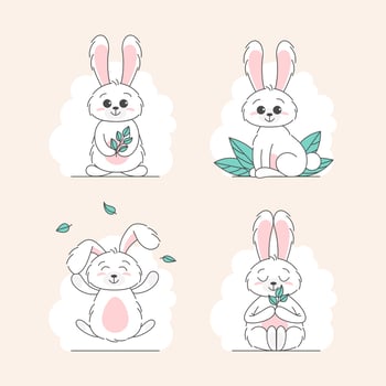 Set of Cute bunnys, baby and children concept. Happy easter rabbits different poses cartoon characters. Card with Cute bunny. Bunny with floral leafs. Design for baby, kids poster, card, invitaton. vector