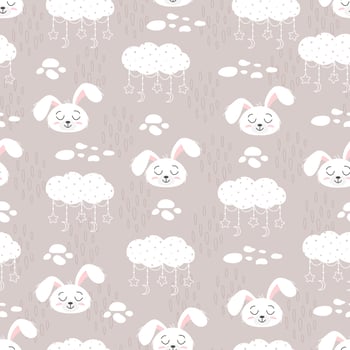 Seamless Pattern of Cute bunny, baby and children concept. Happy easter rabbits different poses cartoon characters. Bunny with floral leafs. Design for baby, kids poster, card, invitaton. Vector
