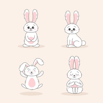 Set of Cute bunnys, baby and children concept. Happy easter rabbits different poses cartoon characters. Card with Cute bunny. Bunny with floral leafs. Design for baby, kids poster, card, invitaton. vector