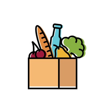 Food box flat icon. Delivery concept. Grocery package basket full of food, best deal, good quality products, vector flat illustration on white background, isolated