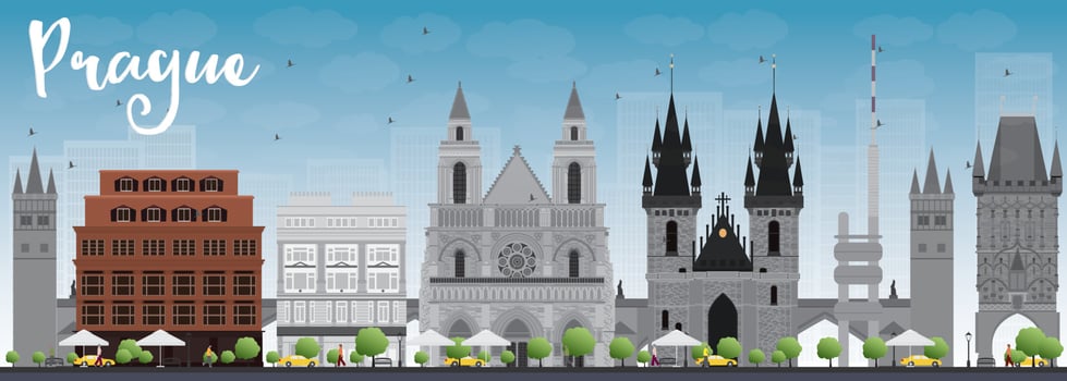 Prague skyline with grey landmarks and blue sky. vector