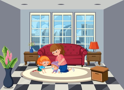Living room scene with children cartoon character vector