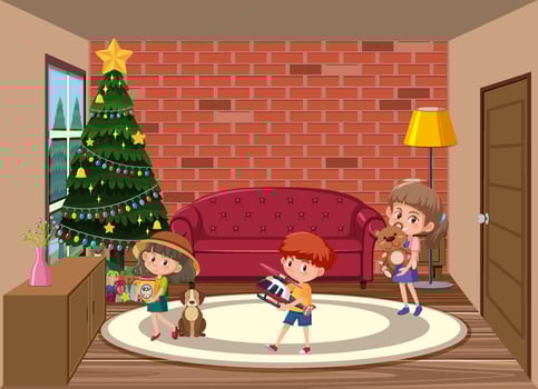 Living room scene with children cartoon character vector