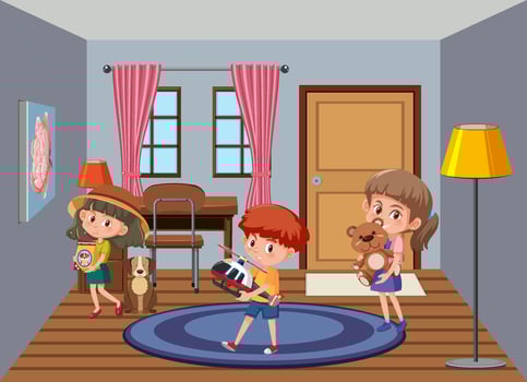 Living room scene with children cartoon character vector