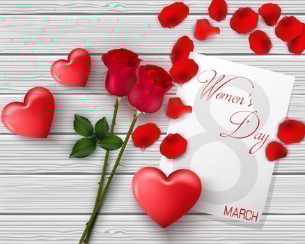 8 March. International happy women's day greeting card. Flower roses. Red hearts. White paper space for text. Red petal. Wood background vector