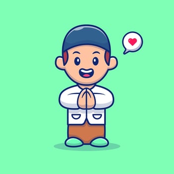 Moslem Boy Greeting Cartoon Vector Icon Illustration People Religion Icon Concept Isolated Premium Vector. Flat Cartoon Style