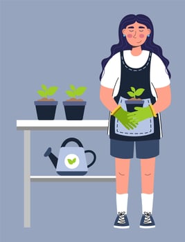 A woman plants seedlings standing at a table A woman farmer gardener doing work and agricultural hobby Vector illustration isolated