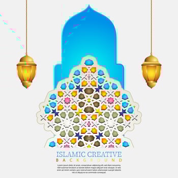 Islamic design greeting card background template with decorative colorful details of Islamic art ornaments floral mosaic vector illustration