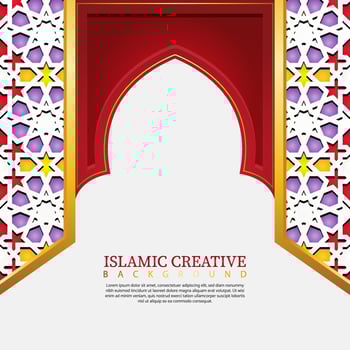 Islamic design greeting card background template with decorative colorful details of Islamic art ornaments floral mosaic vector illustration
