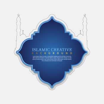 Blue and gold color design for Ramadan Kareem Arabic Calligraphy with mosque silhouette, crescent moon and Islamic lanterns vector