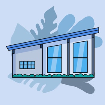 Simple house isolated vector. Blue theme color, black stroke, leaf shape background. Single urban residence vector illustration.