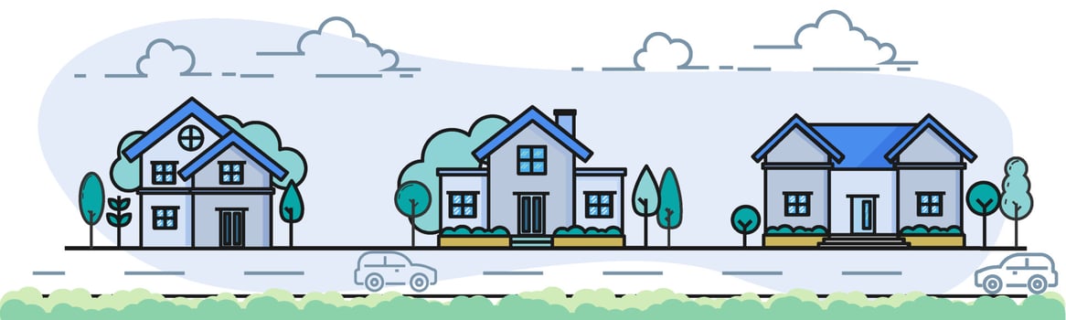 Simple house isolated vector. Blue theme color, black stroke, leaf shape background. Single urban residence vector illustration.