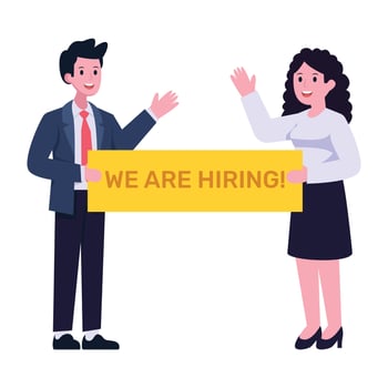 Person holding banner of we are hiring, flat illustration vector