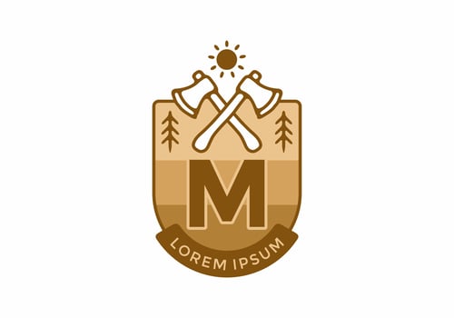 Line art illustration of camping ax with M initial letter vector