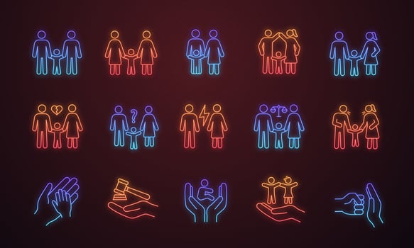 Child custody neon light icons set. LGBT families. Adoption and orphanage. Family court. Childrens rights. Glowing signs. Vector isolated illustrations