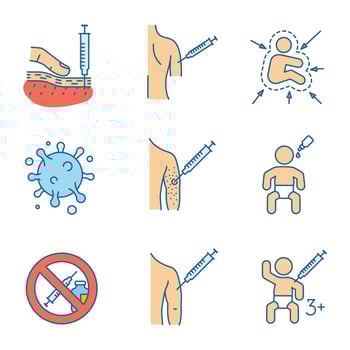 Vaccination and immunization color icons set. Subcutaneous injection, vaccination to kids and adults, influenza virus, vaccine allergy, drugs prohibition. Isolated vector illustrations