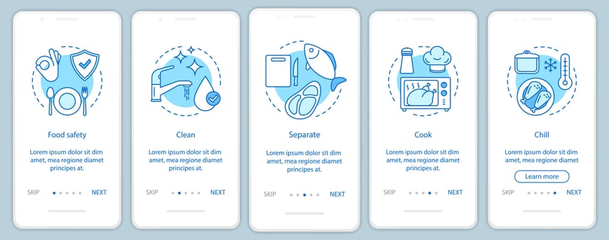 Food safety, hygiene onboarding mobile app page screen template. Food processing, handling, storage. Clean, separate, cook, chill. Walkthrough website steps. UX, UI, GUI smartphone interface concept vector