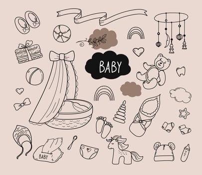 Set of hand drawn baby BOY and girl. clothes. vector