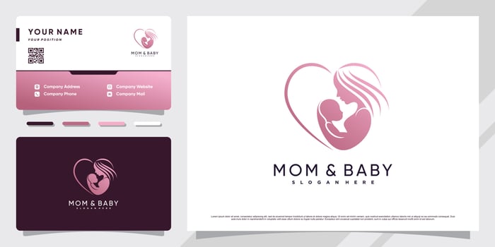 Mom and baby logo with unique love concept and business card design Premium Vector