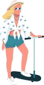 Stylish woman wearing outfit for travel occasion semi flat color vector character