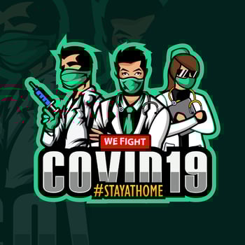 a set mascot character COVID-19 prevention. Doctor team wearing surgical face mask fighting with sign Stop COVID-19 and Fight Virus, Idea for corona virus outbreak, prevention and aware vector