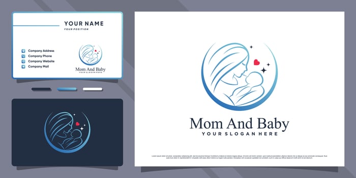 Mom and baby logo with creative element and business card design Premium Vector