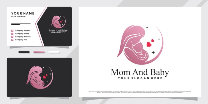 Mom and baby logo with creative element and business card design Premium Vector