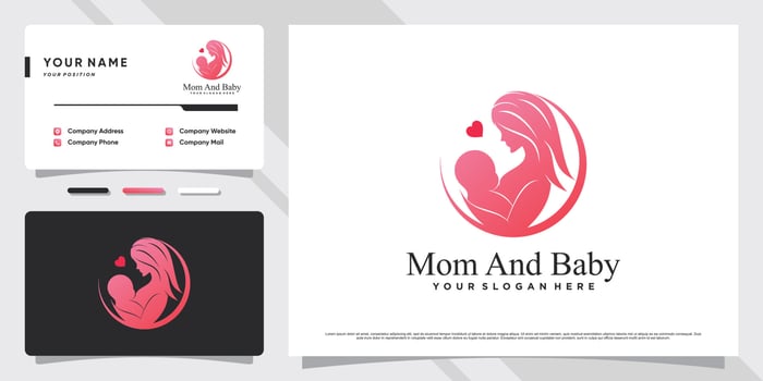 Mom and baby logo with creative element and business card design Premium Vector