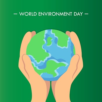 World Environment Day. Human hand holding earth save planet flat vector illustration