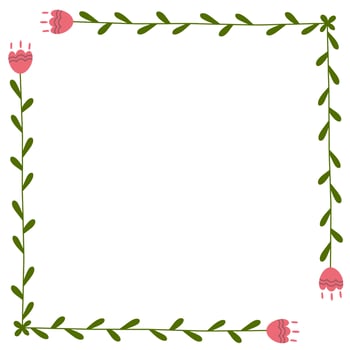 Simple frame with flowers and leaves in cartoon doodle flat style. Botanical border for list, card, wishes. vector