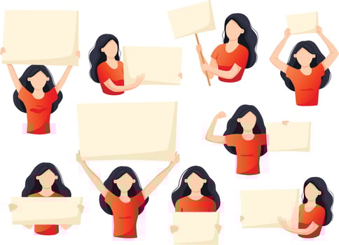 Set of a young women holding a blank poster with place for text. Hand drawn style vector trendy illustration.