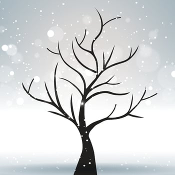 A tree against a winter and gray landscape with bright sun highlights. Vector illustration