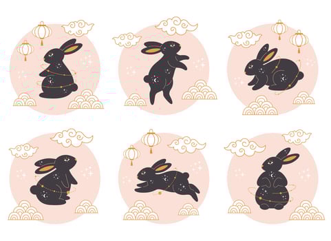 Happy Chinese new year greeting card 2023 with cute rabbit. Year of the Rabbit. vector