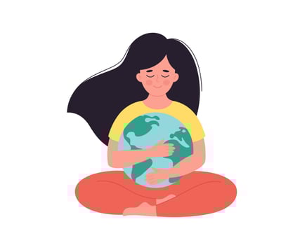 Woman hugging Earth globe. Earth Day, saving planet, nature protect vector