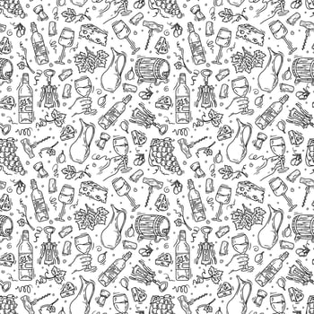 Wine and cheese vector black seamless pattern in Doodle sketch style. Linear grapes and bottles for printing