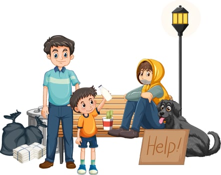 A boy giving milk bottle to homeless man vector