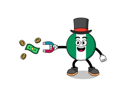 Character Illustration of nigeria flag catching money with a magnet vector