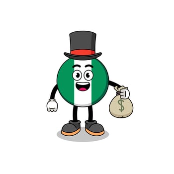 nigeria flag mascot illustration rich man holding a money sack vector