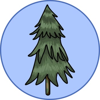 Vector illustration, high cartoon dark green Christmas tree, on a round blue background, design element, badge, emblem