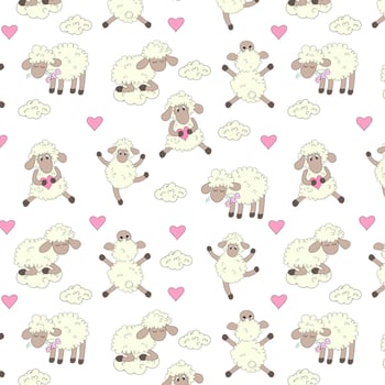 Cute sheep, Seamless pattern, doodle style, printing on fabric, packaging, textile, vector illustration