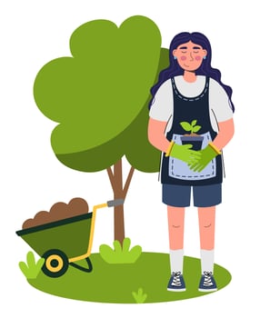 People enjoy gardening and planting plants A woman farmer gardener doing work and agricultural hobby Vector illustration isolated