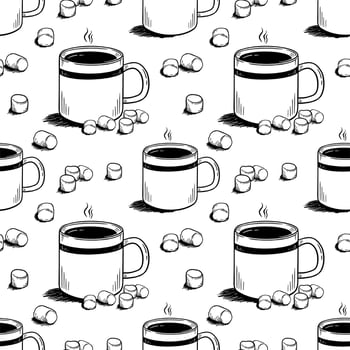 Pattern with coffee mugs and marshmallows in doodle style on a white background Vector illustration