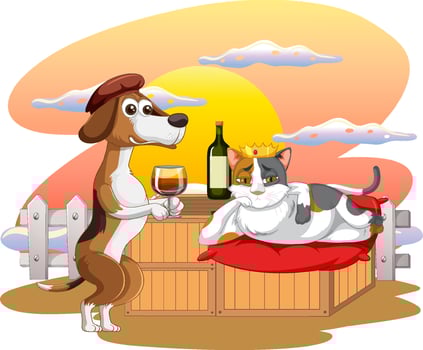 Cartoon dog and cat sipping wine vector