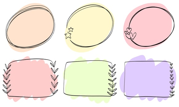 Abstract doodle black frames pastel set hand drawn. Cute round lines with leaves, circles, hearts, stars, square, plant collection. vector