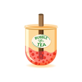 Sweet Bubble Cup. Milk tea with tapioca pearls. A tea of mixed fruit flavors. Strawberry and blueberry. Asian Taiwanese beverage. Painted color fashion vector illustration. Cartoon style. Flat design