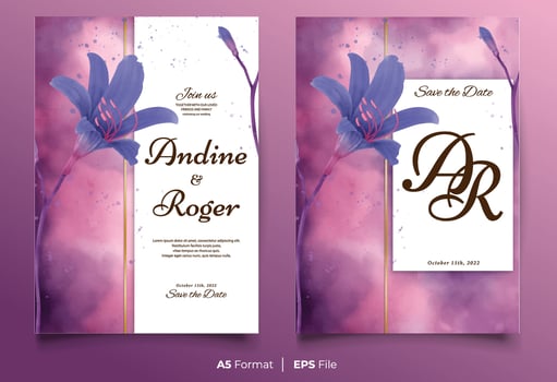 Watercolor wedding invitation template with purple flower ornament vector