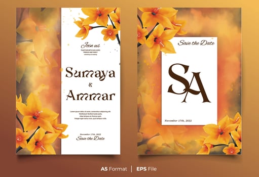 Watercolor wedding invitation template with yellow flower ornament vector